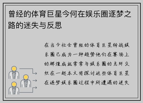曾经的体育巨星今何在娱乐圈逐梦之路的迷失与反思