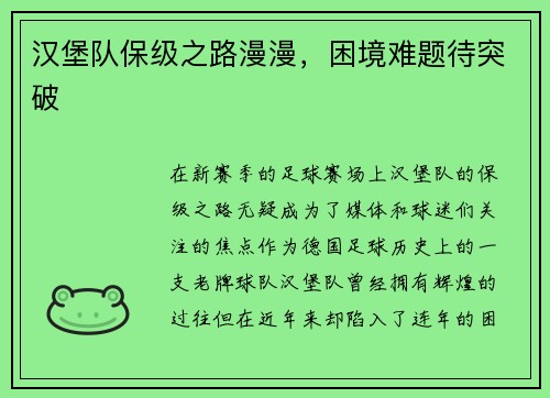 汉堡队保级之路漫漫，困境难题待突破
