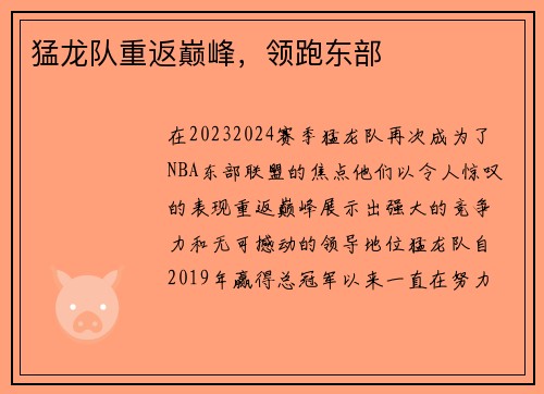 猛龙队重返巅峰，领跑东部